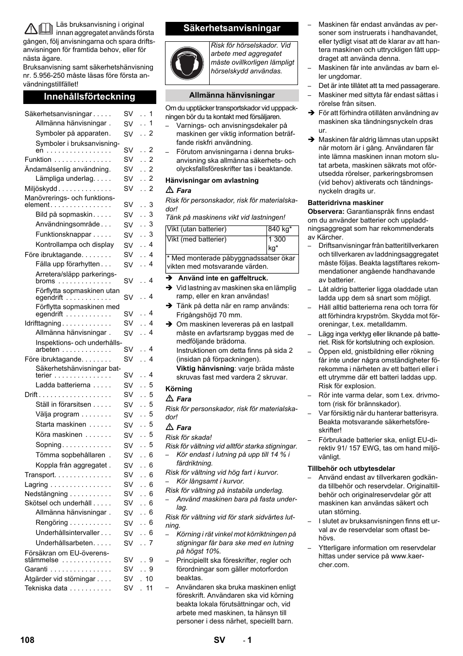 Svenska, Innehållsförteckning, Säkerhetsanvisningar | Karcher KM 130-300 BAT User Manual | Page 108 / 340