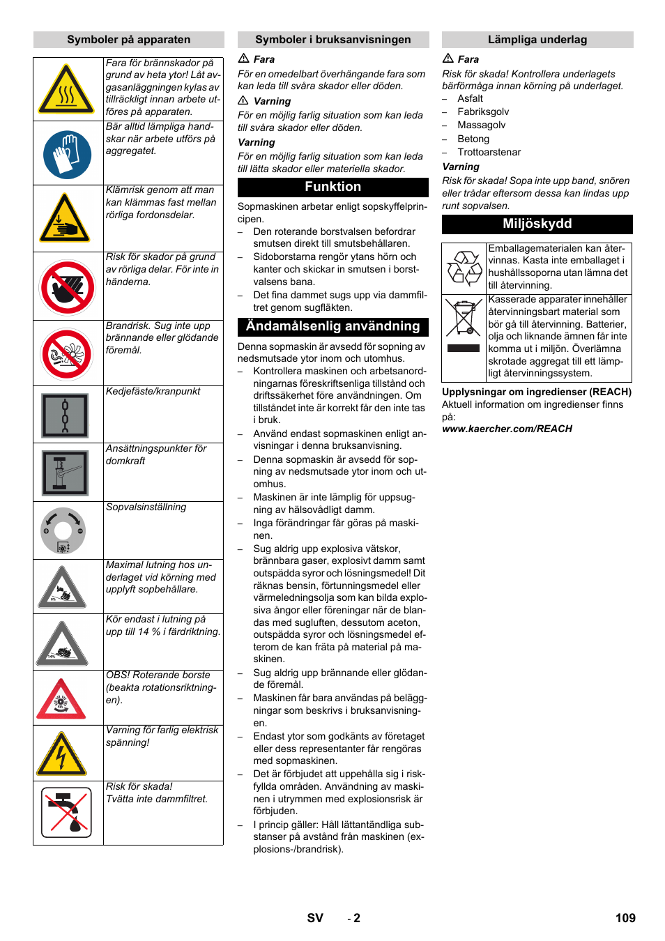 Funktion ändamålsenlig användning, Miljöskydd | Karcher KM 130-300 BAT User Manual | Page 109 / 340