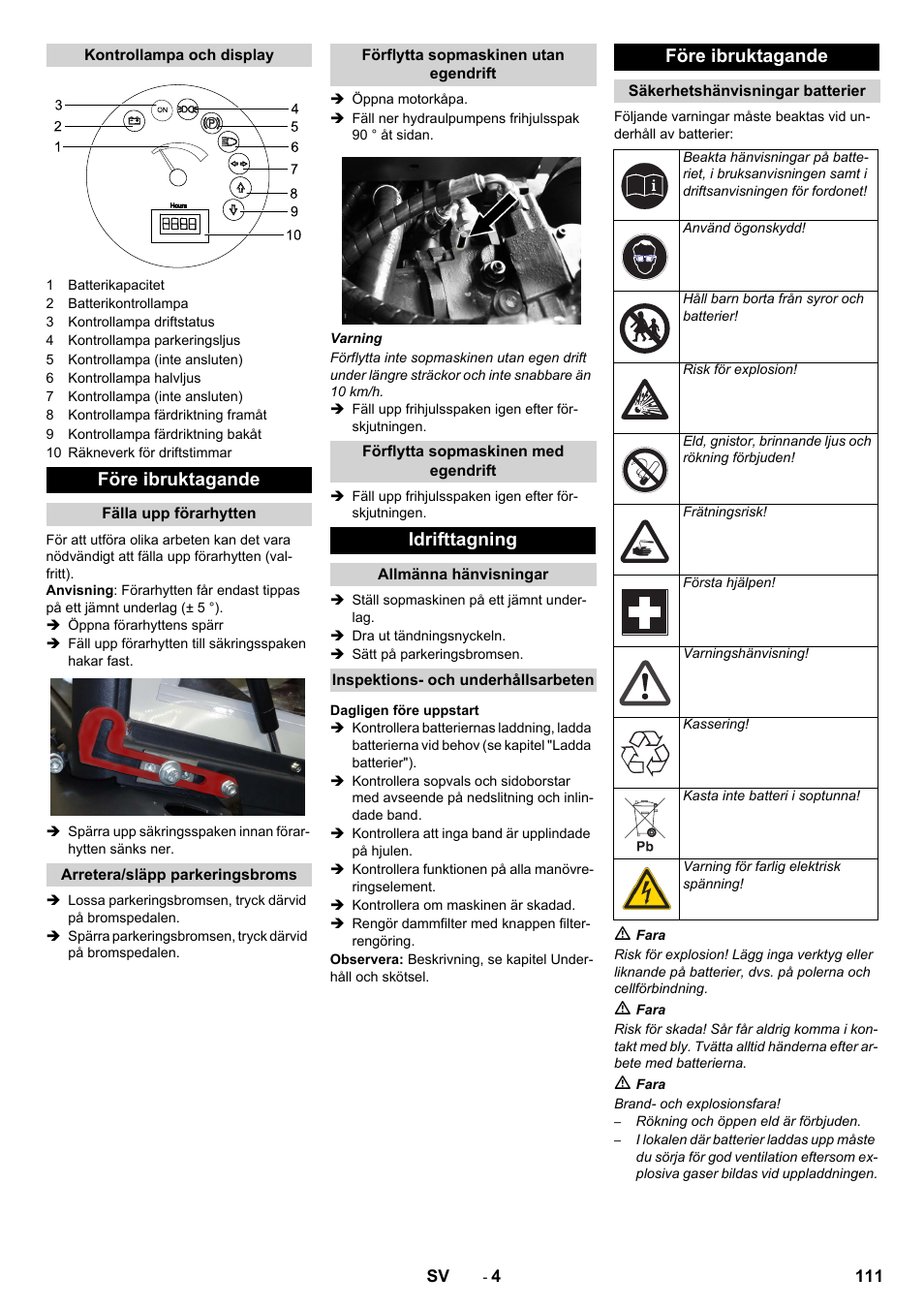 Före ibruktagande, Idrifttagning | Karcher KM 130-300 BAT User Manual | Page 111 / 340