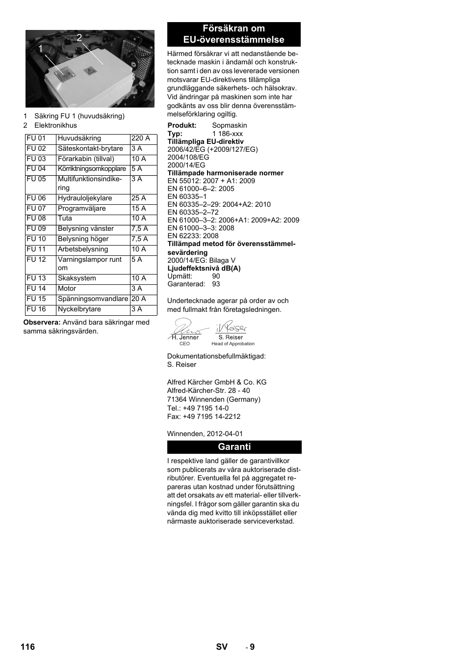 Försäkran om eu-överensstämmelse, Garanti | Karcher KM 130-300 BAT User Manual | Page 116 / 340