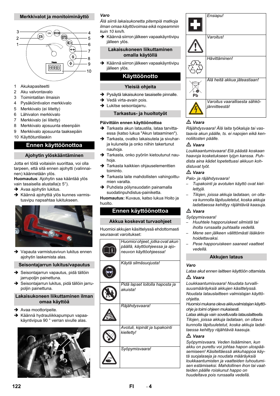 Ennen käyttöönottoa, Käyttöönotto | Karcher KM 130-300 BAT User Manual | Page 122 / 340