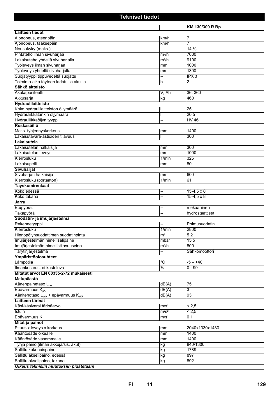 Tekniset tiedot | Karcher KM 130-300 BAT User Manual | Page 129 / 340