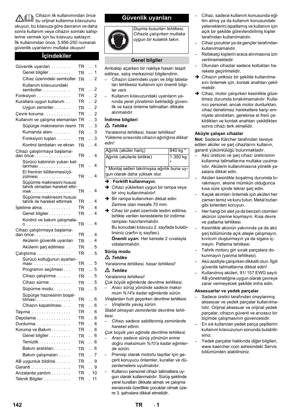 Türkçe, Içindekiler, Güvenlik uyarıları | Karcher KM 130-300 BAT User Manual | Page 142 / 340