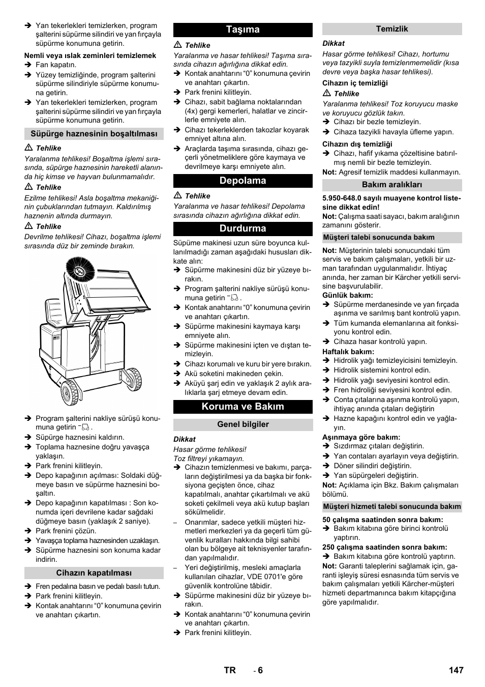 Taşıma depolama durdurma koruma ve bakım | Karcher KM 130-300 BAT User Manual | Page 147 / 340
