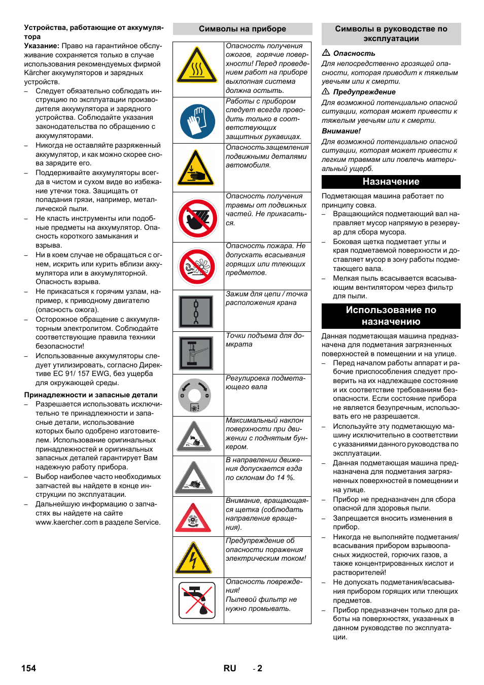 Назначение использование по назначению | Karcher KM 130-300 BAT User Manual | Page 154 / 340