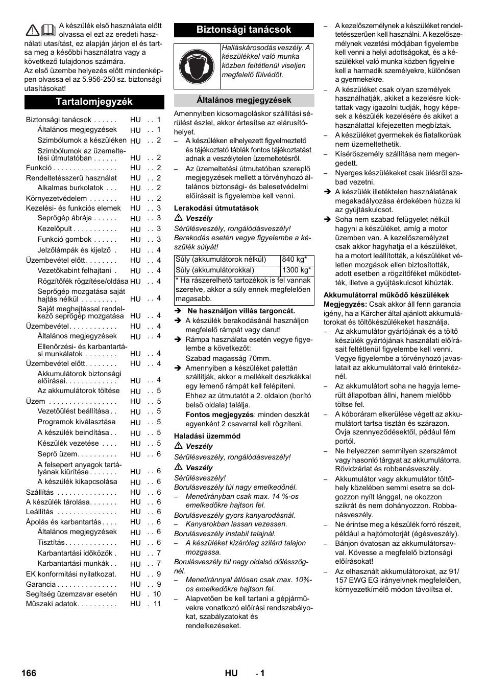 Magyar, Tartalomjegyzék, Biztonsági tanácsok | Karcher KM 130-300 BAT User Manual | Page 166 / 340