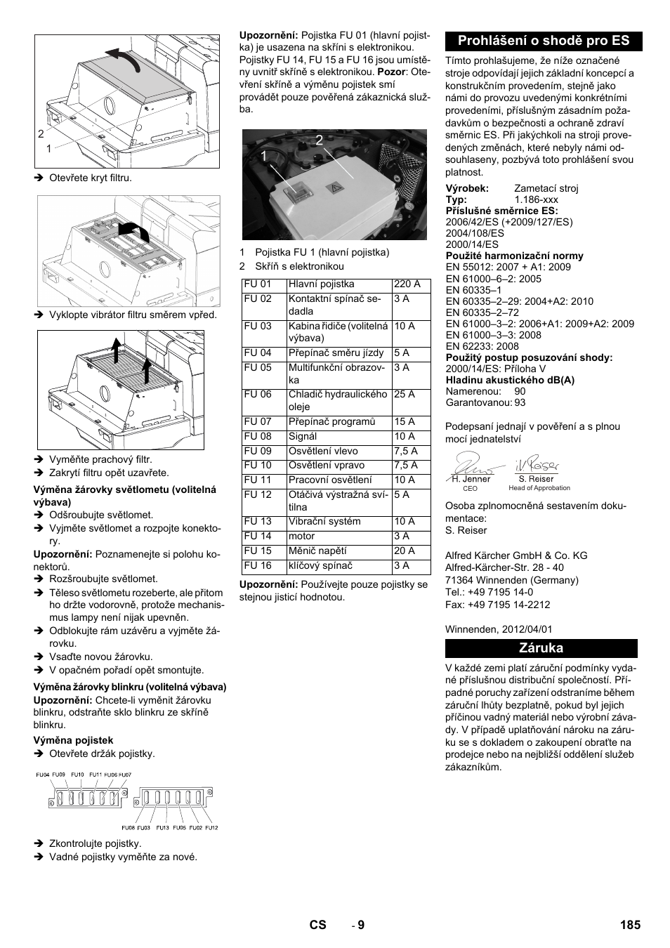 Prohlášení o shodě pro es, Záruka | Karcher KM 130-300 BAT User Manual | Page 185 / 340