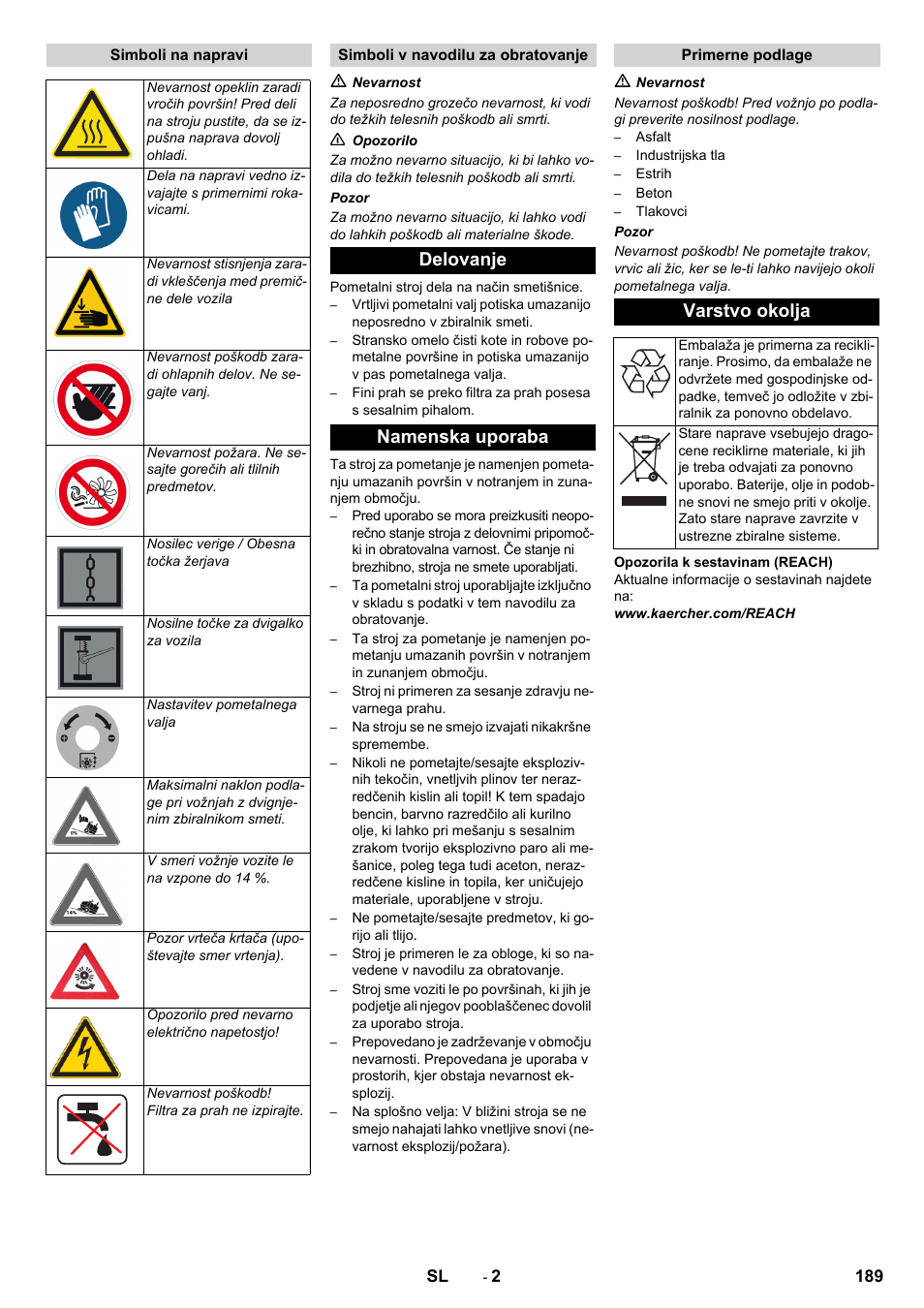 Delovanje namenska uporaba, Varstvo okolja | Karcher KM 130-300 BAT User Manual | Page 189 / 340