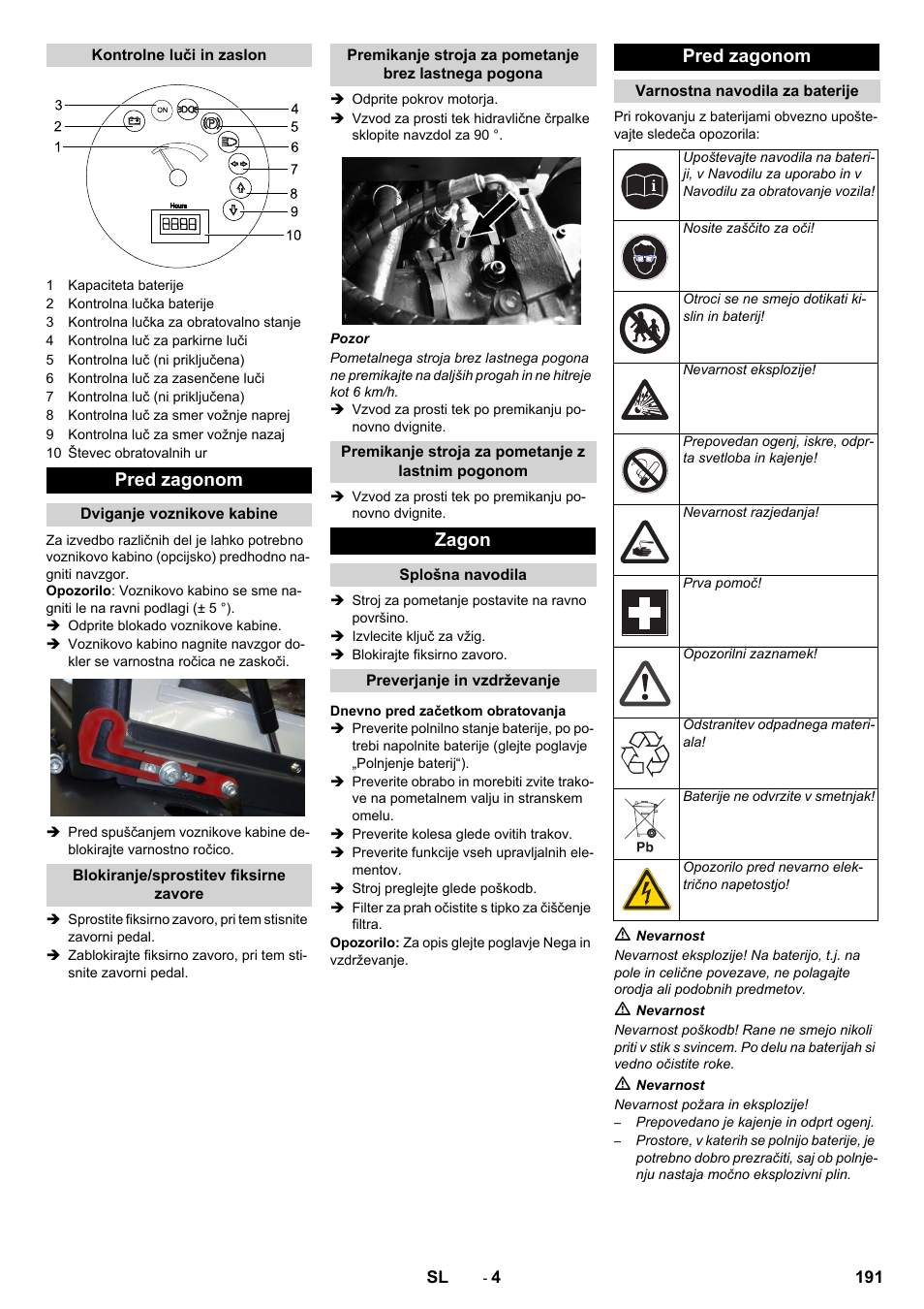 Pred zagonom, Zagon | Karcher KM 130-300 BAT User Manual | Page 191 / 340