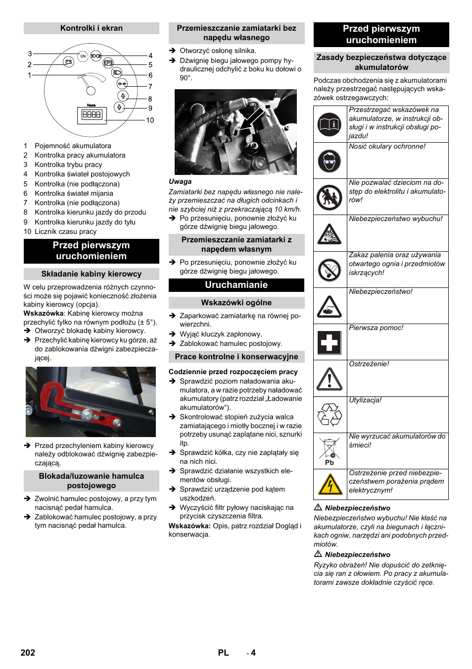 Przed pierwszym uruchomieniem, Uruchamianie | Karcher KM 130-300 BAT User Manual | Page 202 / 340