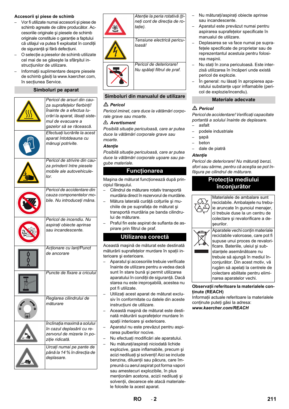 Funcţionarea utilizarea corectă, Protecţia mediului înconjurător | Karcher KM 130-300 BAT User Manual | Page 211 / 340