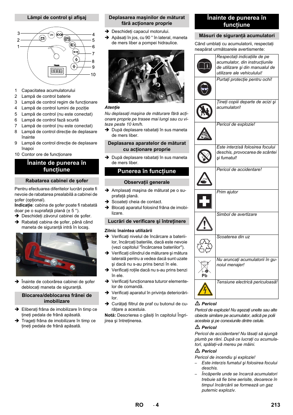 Înainte de punerea în funcţiune, Punerea în funcţiune | Karcher KM 130-300 BAT User Manual | Page 213 / 340