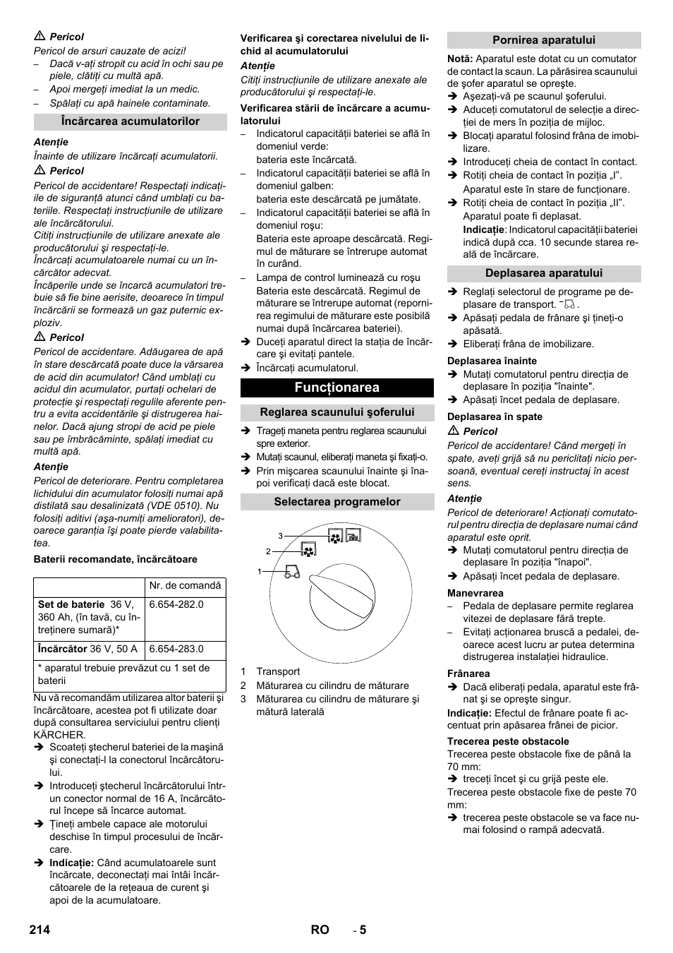 Funcţionarea | Karcher KM 130-300 BAT User Manual | Page 214 / 340