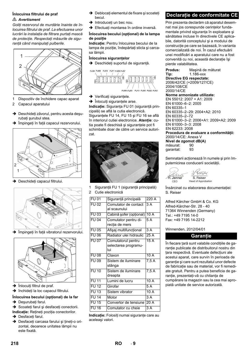 Declaraţie de conformitate ce, Garanţie | Karcher KM 130-300 BAT User Manual | Page 218 / 340