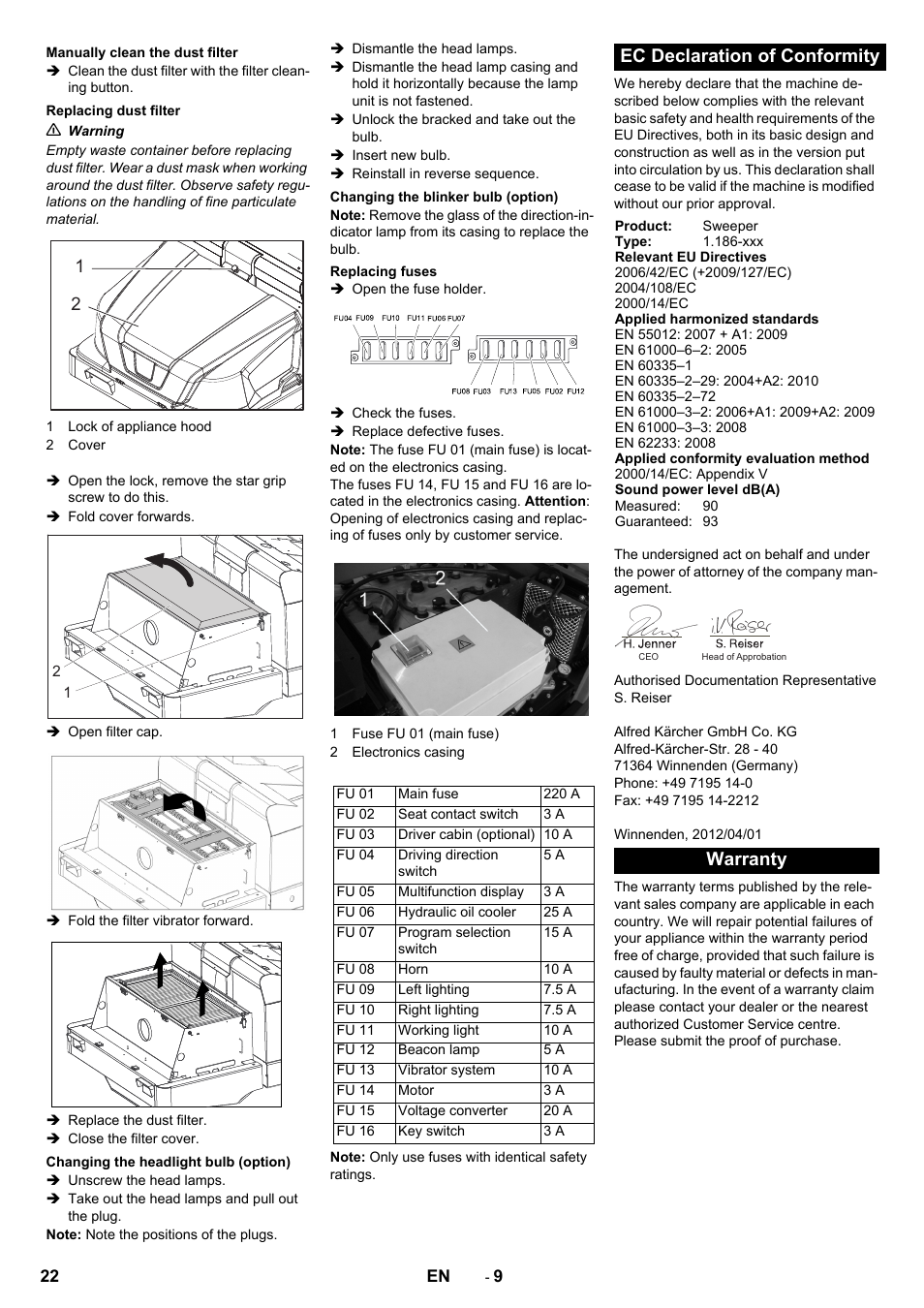 Ec declaration of conformity, Warranty | Karcher KM 130-300 BAT User Manual | Page 22 / 340