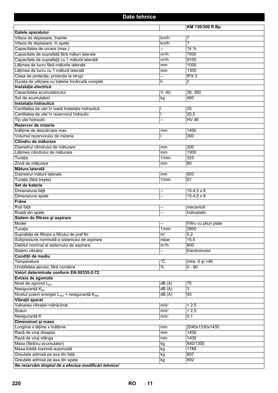 Date tehnice | Karcher KM 130-300 BAT User Manual | Page 220 / 340