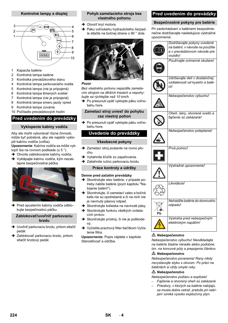 Pred uvedením do prevádzky, Uvedenie do prevádzky | Karcher KM 130-300 BAT User Manual | Page 224 / 340