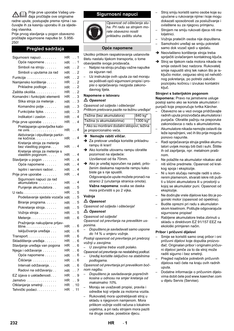 Hrvatski, Pregled sadržaja, Sigurnosni napuci | Karcher KM 130-300 BAT User Manual | Page 232 / 340