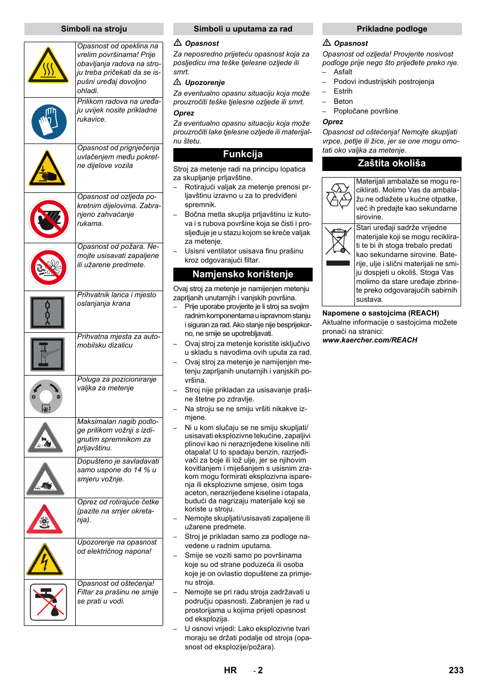 Funkcija namjensko korištenje, Zaštita okoliša | Karcher KM 130-300 BAT User Manual | Page 233 / 340