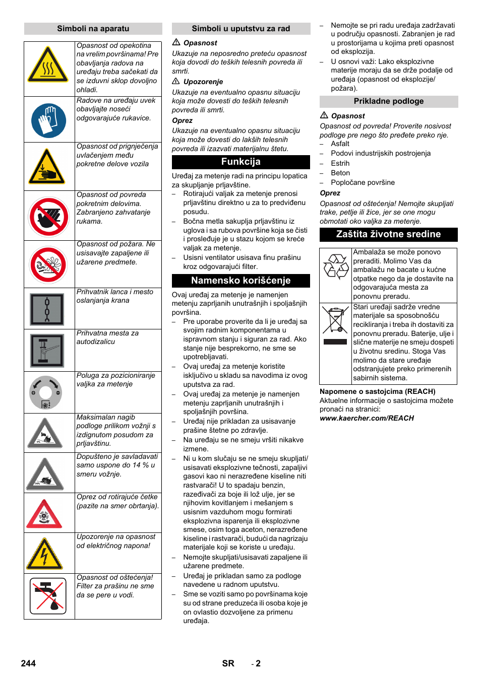 Funkcija namensko korišćenje, Zaštita životne sredine | Karcher KM 130-300 BAT User Manual | Page 244 / 340