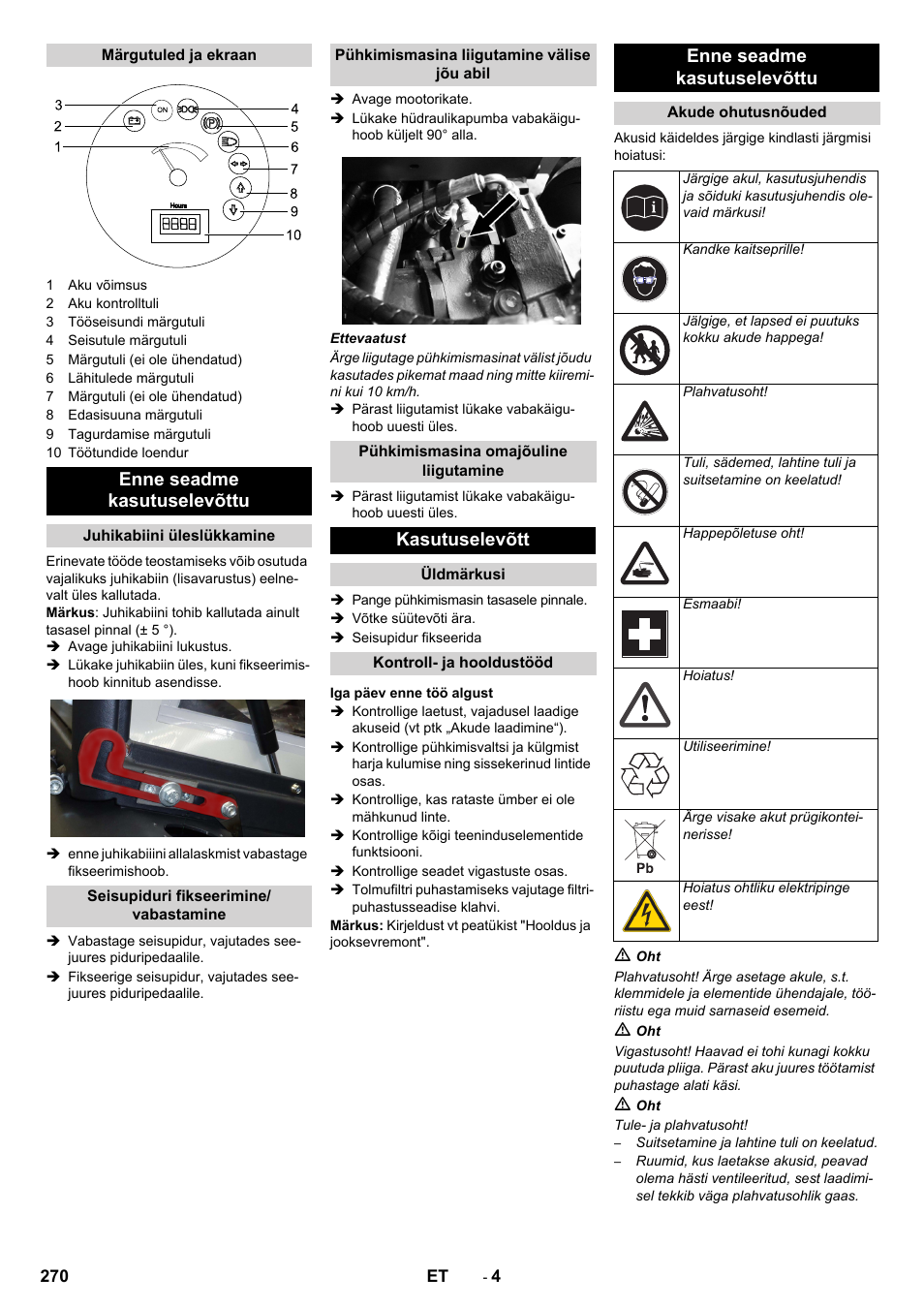 Enne seadme kasutuselevõttu, Kasutuselevõtt | Karcher KM 130-300 BAT User Manual | Page 270 / 340