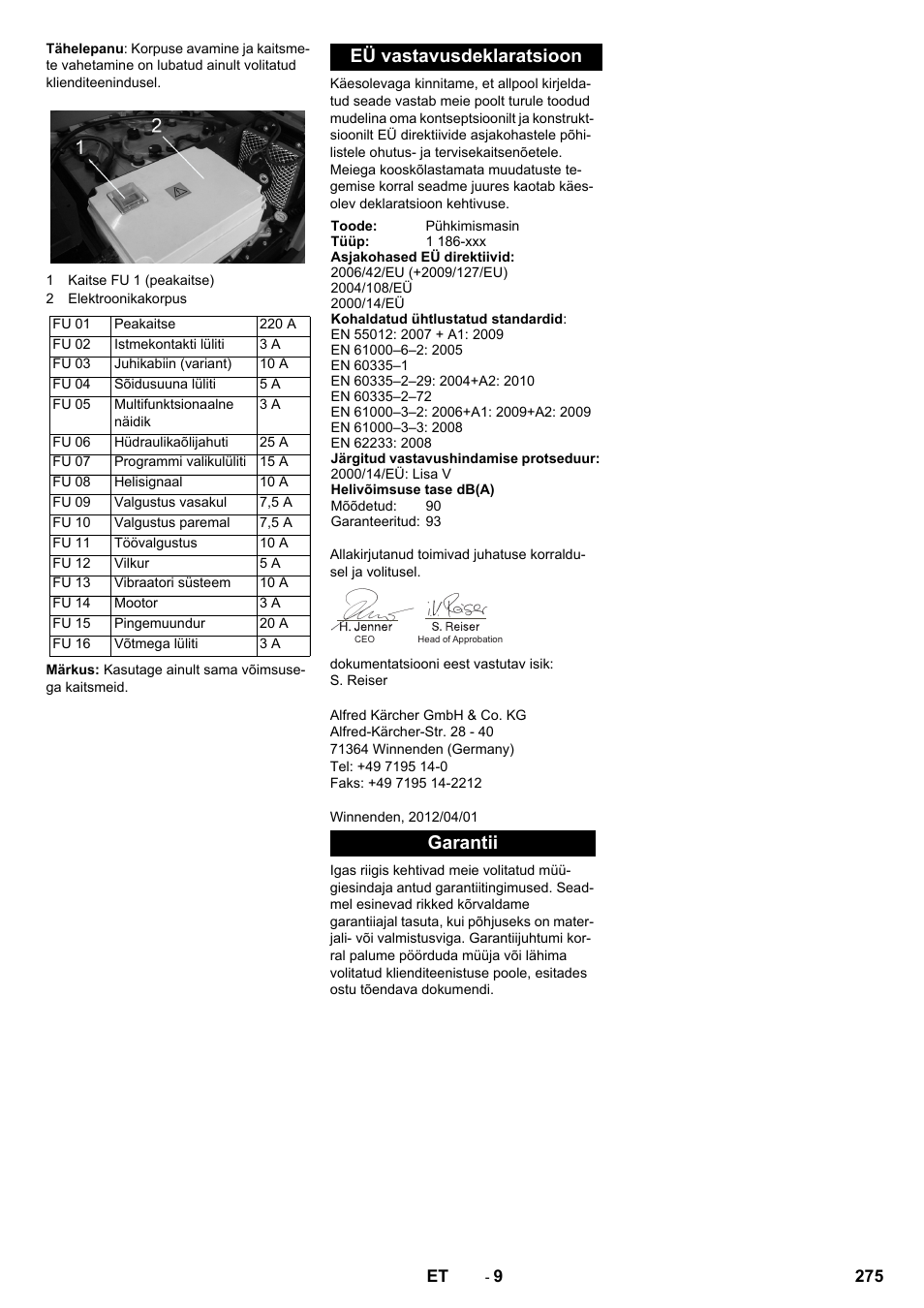 Eü vastavusdeklaratsioon, Garantii | Karcher KM 130-300 BAT User Manual | Page 275 / 340