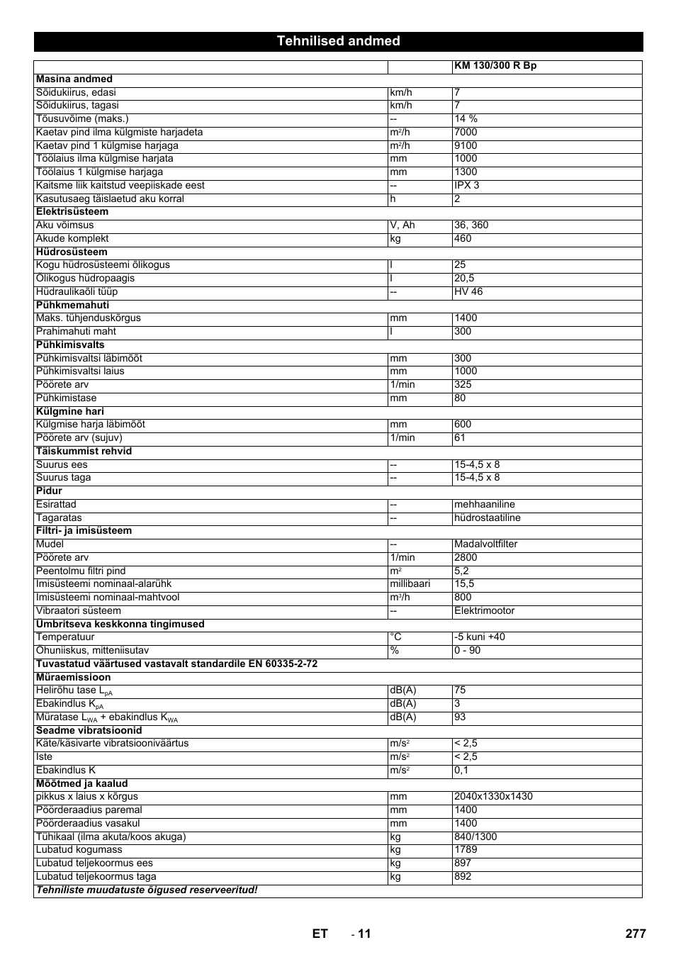 Tehnilised andmed | Karcher KM 130-300 BAT User Manual | Page 277 / 340