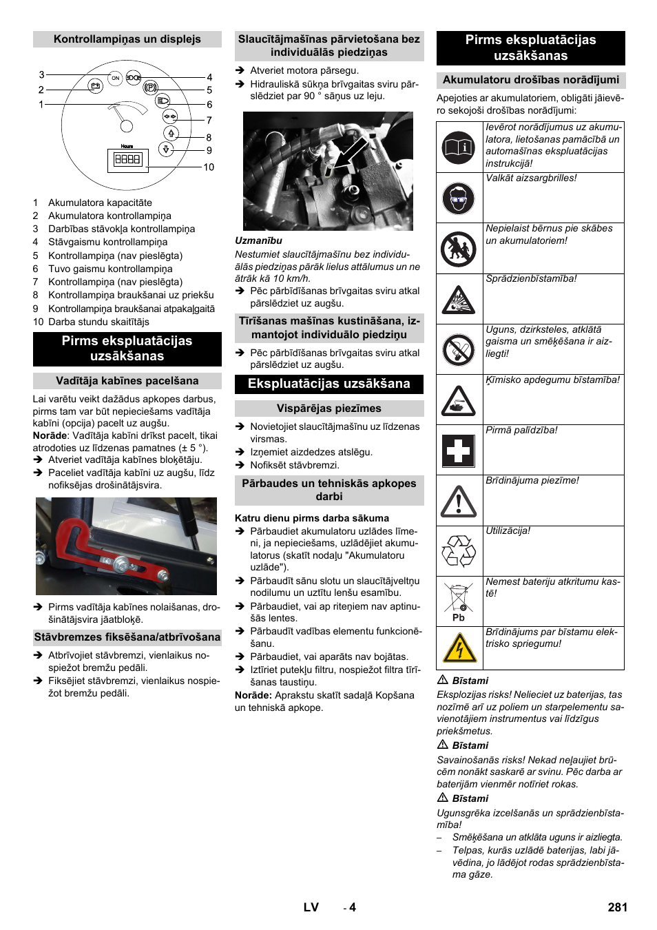 Pirms ekspluatācijas uzsākšanas, Ekspluatācijas uzsākšana | Karcher KM 130-300 BAT User Manual | Page 281 / 340