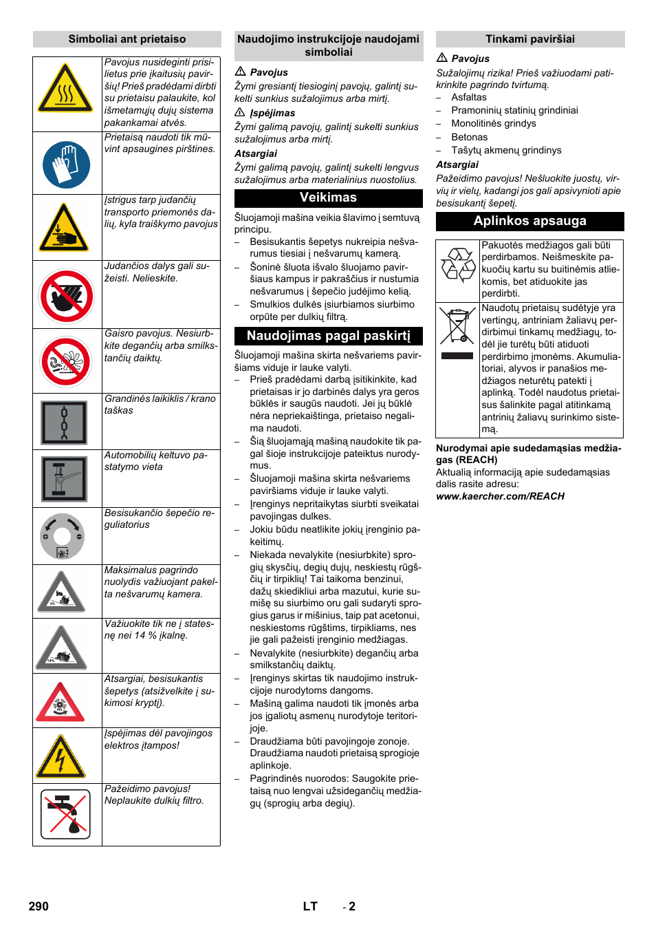 Veikimas naudojimas pagal paskirtį, Aplinkos apsauga | Karcher KM 130-300 BAT User Manual | Page 290 / 340