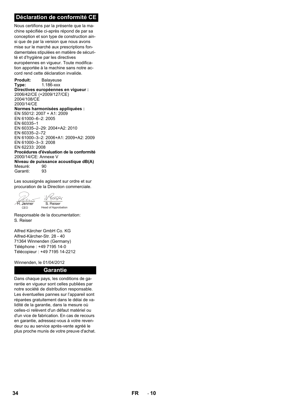 Déclaration de conformité ce, Garantie | Karcher KM 130-300 BAT User Manual | Page 34 / 340