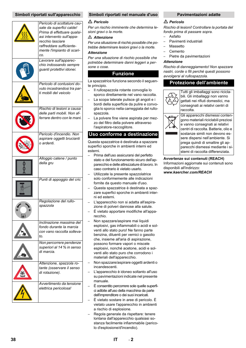 Funzione uso conforme a destinazione, Protezione dell’ambiente | Karcher KM 130-300 BAT User Manual | Page 38 / 340