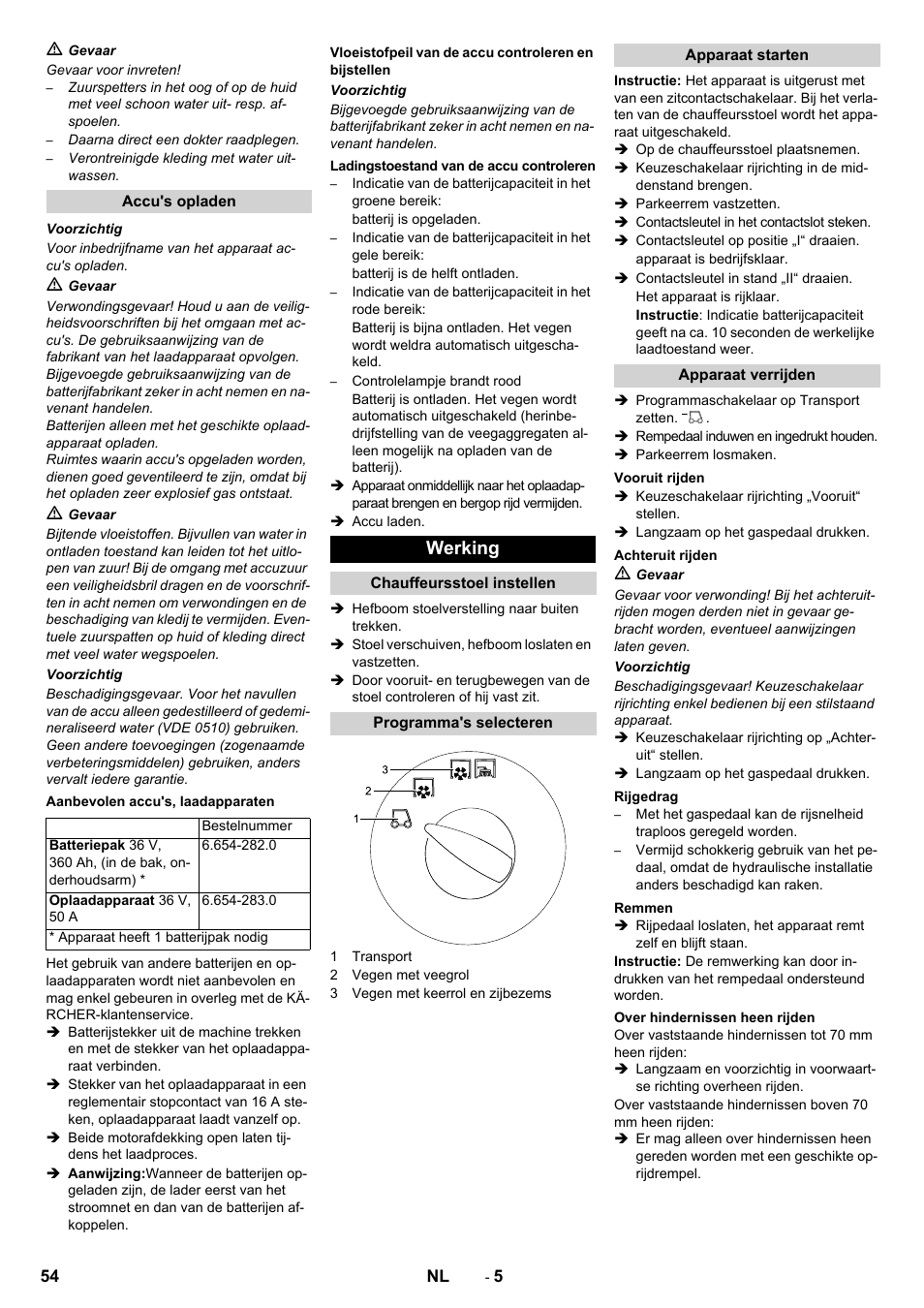Werking | Karcher KM 130-300 BAT User Manual | Page 54 / 340