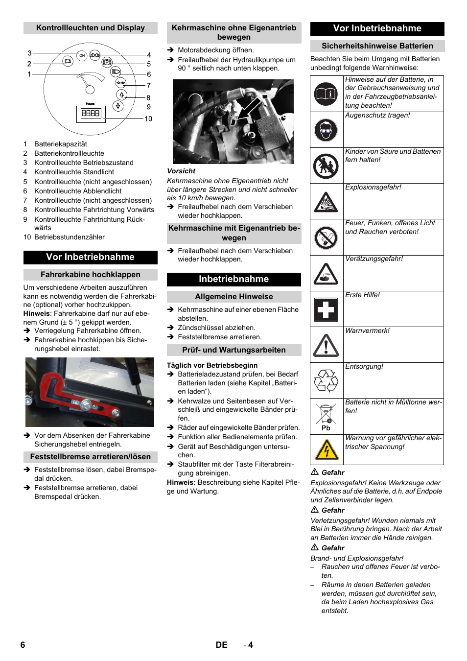 Vor inbetriebnahme, Inbetriebnahme | Karcher KM 130-300 BAT User Manual | Page 6 / 340