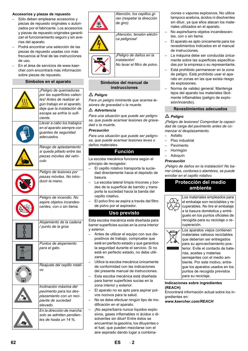 Función uso previsto, Protección del medio ambiente | Karcher KM 130-300 BAT User Manual | Page 62 / 340