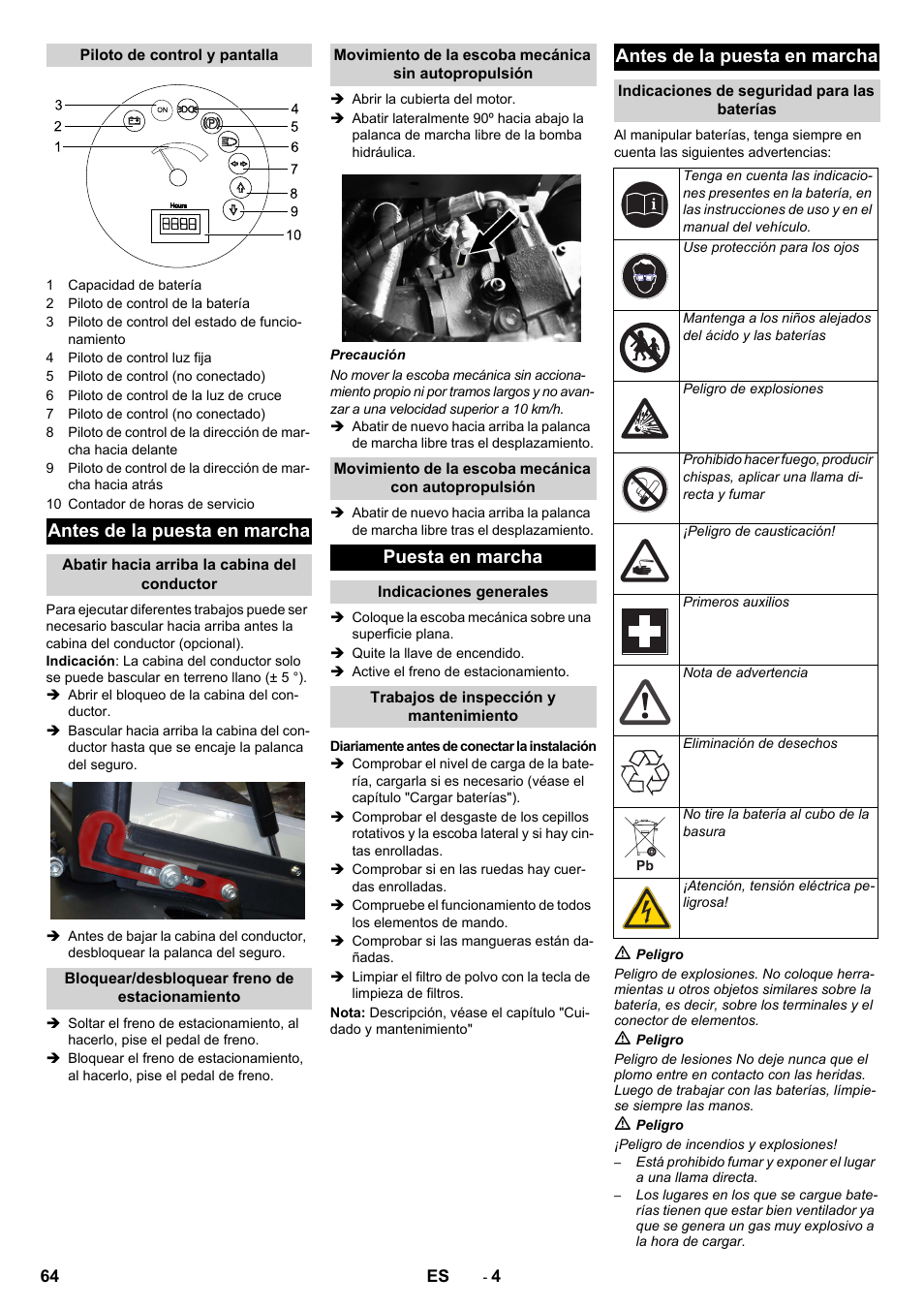 Antes de la puesta en marcha, Puesta en marcha | Karcher KM 130-300 BAT User Manual | Page 64 / 340