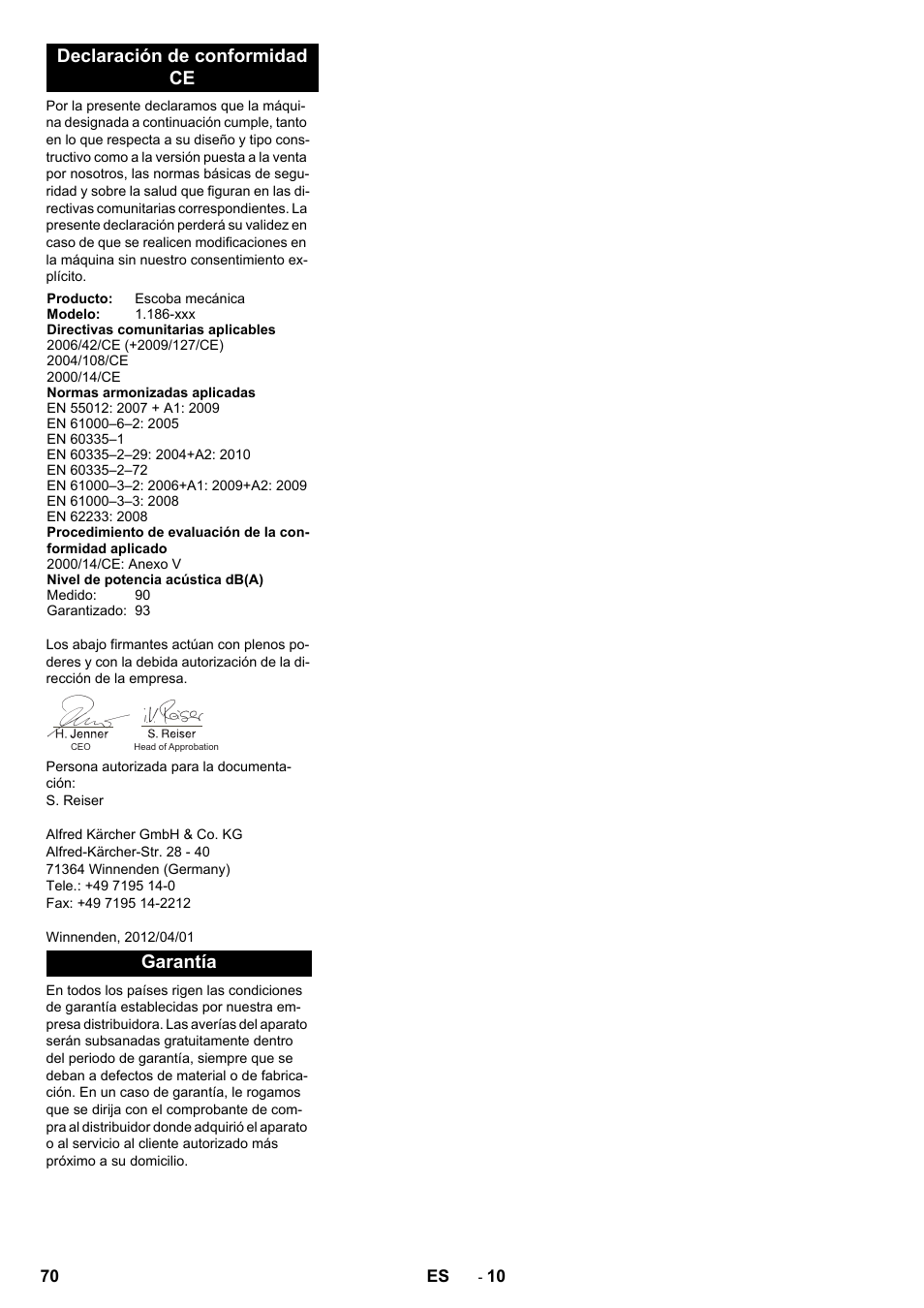 Declaración de conformidad ce, Garantía | Karcher KM 130-300 BAT User Manual | Page 70 / 340