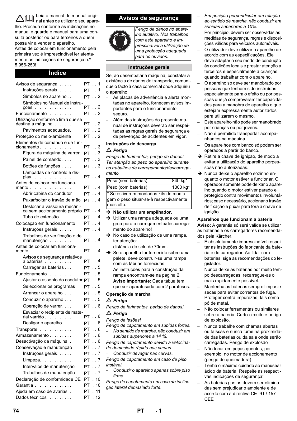 Português, Índice, Avisos de segurança | Karcher KM 130-300 BAT User Manual | Page 74 / 340