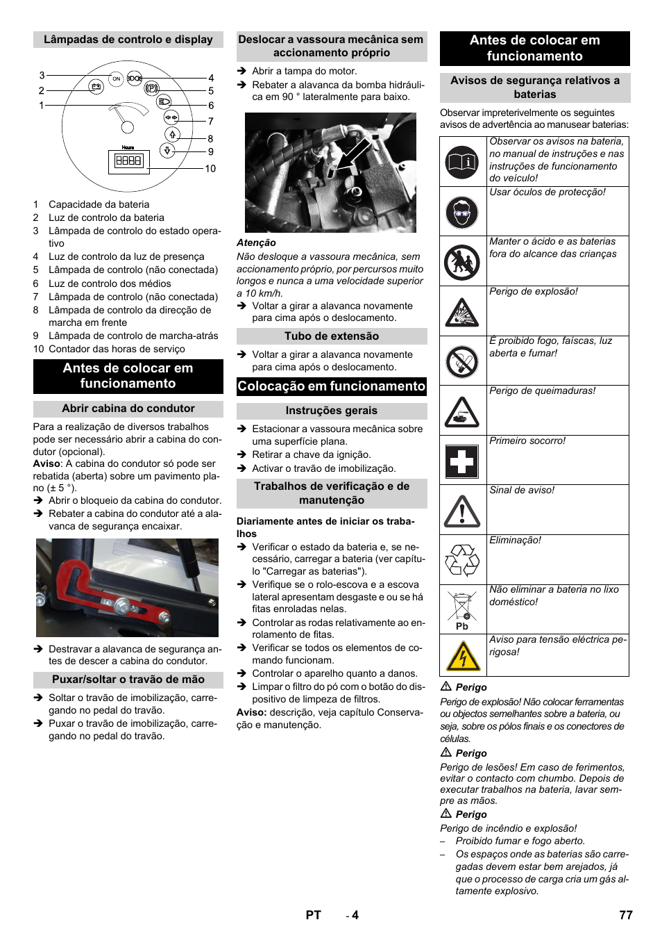 Antes de colocar em funcionamento, Colocação em funcionamento | Karcher KM 130-300 BAT User Manual | Page 77 / 340