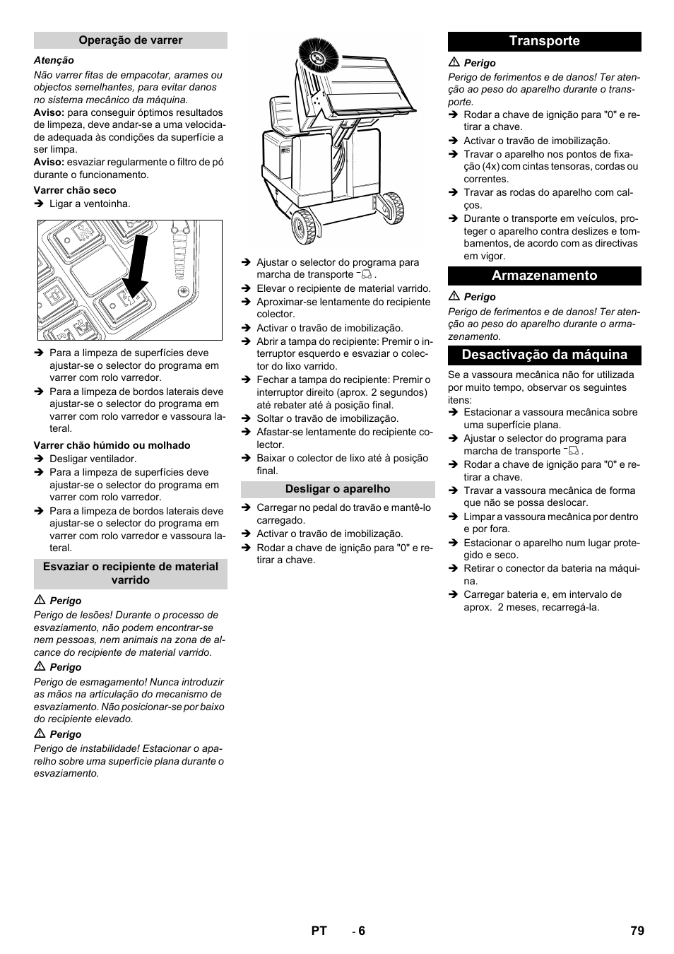 Transporte armazenamento desactivação da máquina | Karcher KM 130-300 BAT User Manual | Page 79 / 340