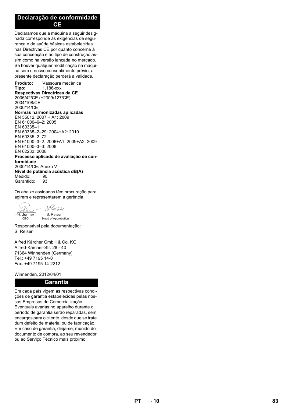 Declaração de conformidade ce, Garantia | Karcher KM 130-300 BAT User Manual | Page 83 / 340