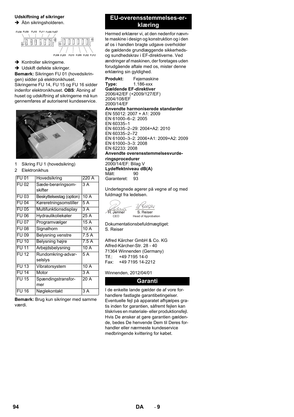 Eu-overensstemmelses-er- klæring, Garanti | Karcher KM 130-300 BAT User Manual | Page 94 / 340