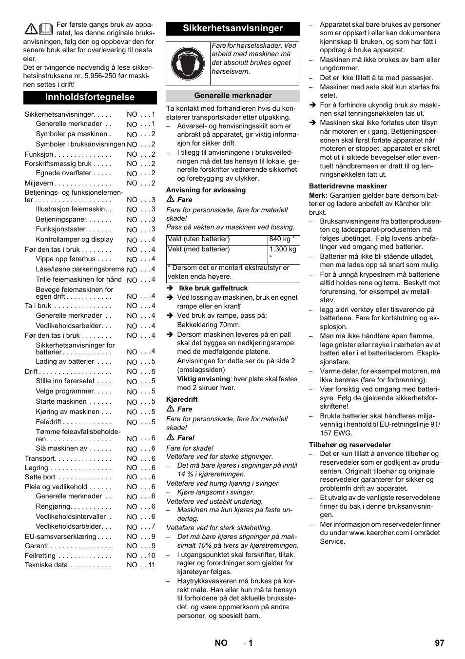 Norsk, Innholdsfortegnelse, Sikkerhetsanvisninger | Karcher KM 130-300 BAT User Manual | Page 97 / 340