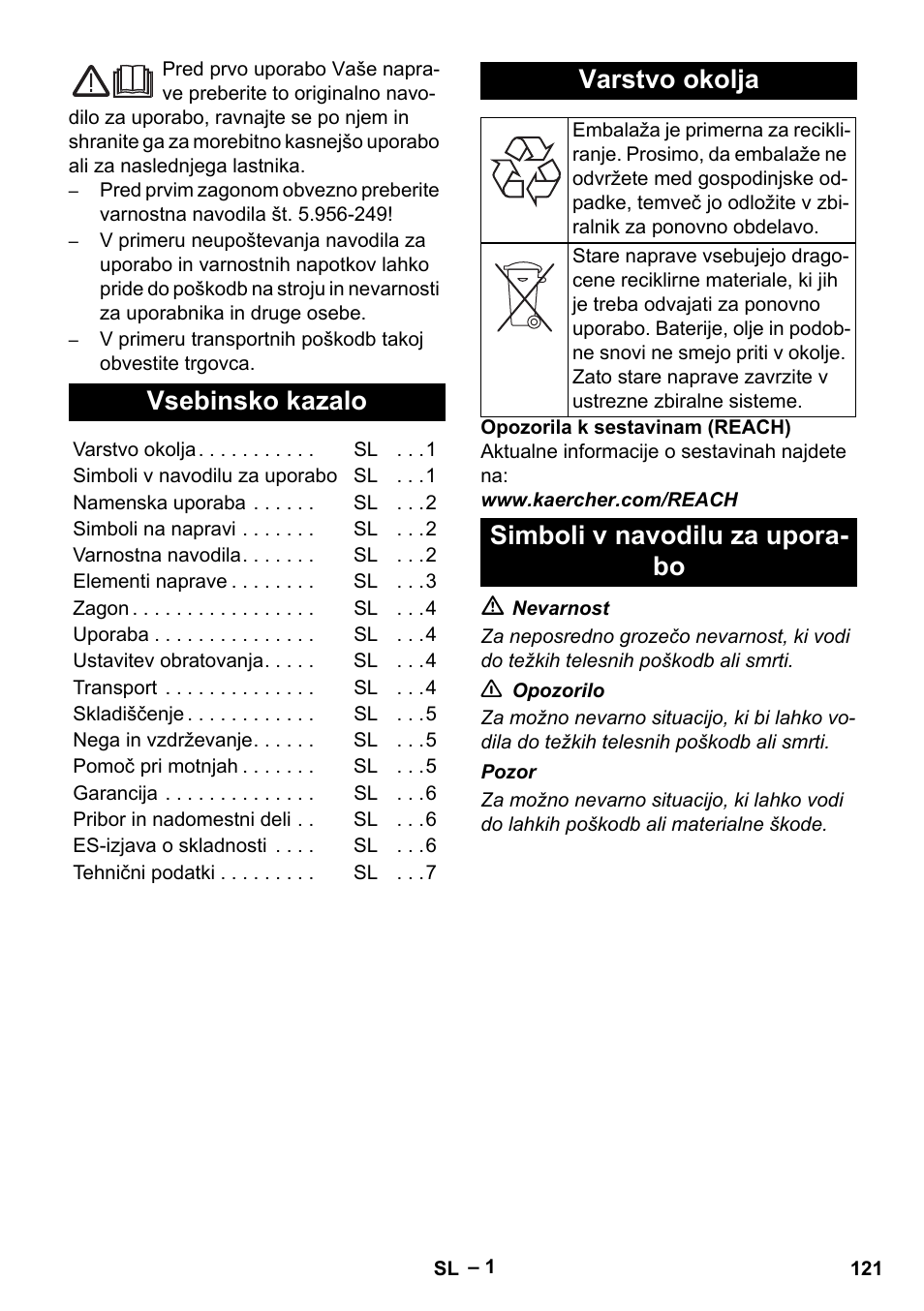 Slovenščina, Vsebinsko kazalo, Varstvo okolja | Simboli v navodilu za uporabo, Simboli v navodilu za upora- bo | Karcher IVL 120-27-1 User Manual | Page 121 / 204