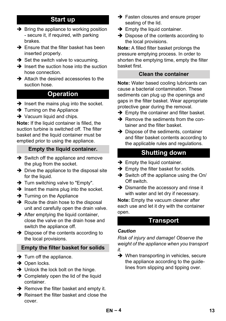 Start up, Operation, Empty the liquid container | Empty the filter basket for solids, Clean the container, Shutting down, Transport, Start up operation, Shutting down transport | Karcher IVL 120-27-1 User Manual | Page 13 / 204