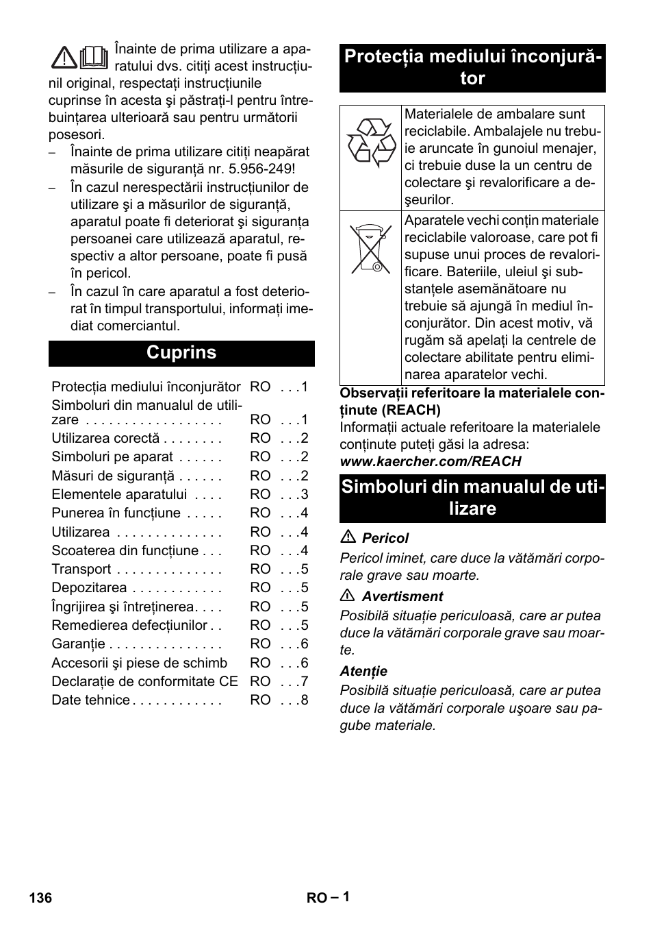 Româneşte, Cuprins, Protecţia mediului înconjurător | Simboluri din manualul de utilizare, Protecţia mediului înconjură- tor, Simboluri din manualul de uti- lizare | Karcher IVL 120-27-1 User Manual | Page 136 / 204