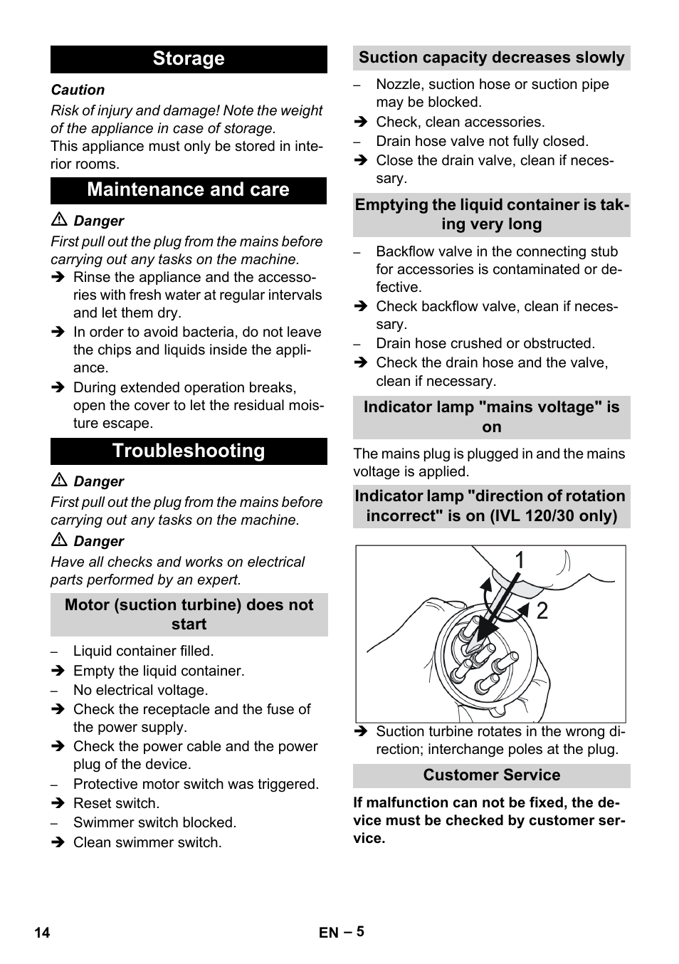 Storage, Maintenance and care, Troubleshooting | Motor (suction turbine) does not start, Suction capacity decreases slowly, Emptying the liquid container is taking very long, Indicator lamp "mains voltage" is on, Customer service, Storage maintenance and care troubleshooting | Karcher IVL 120-27-1 User Manual | Page 14 / 204