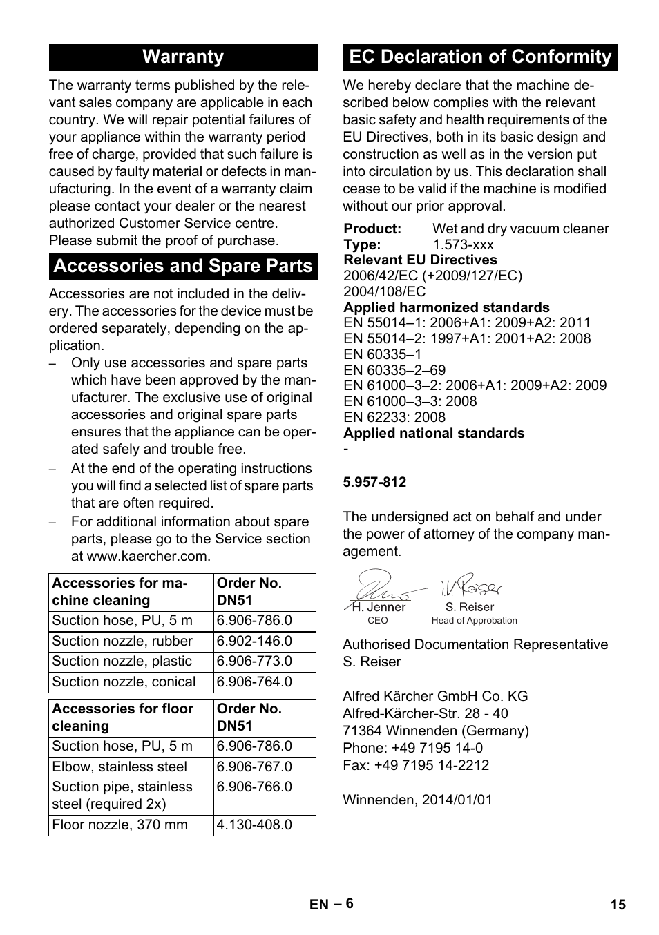 Warranty, Accessories and spare parts, Ec declaration of conformity | Warranty accessories and spare parts | Karcher IVL 120-27-1 User Manual | Page 15 / 204