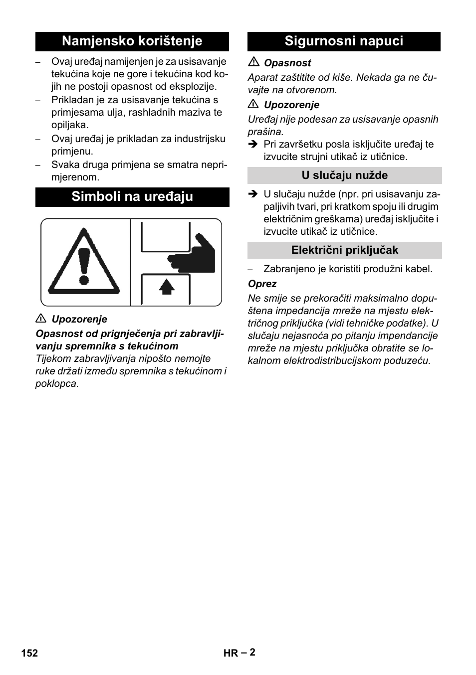 Namjensko korištenje, Simboli na uređaju, Sigurnosni napuci | U slučaju nužde, Električni priključak | Karcher IVL 120-27-1 User Manual | Page 152 / 204