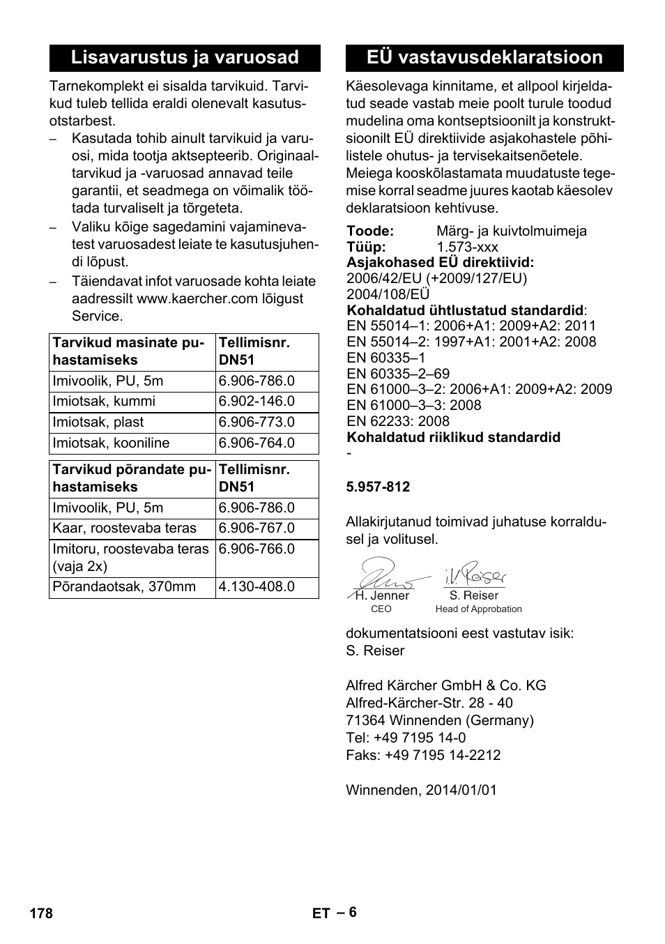 Lisavarustus ja varuosad, Eü vastavusdeklaratsioon | Karcher IVL 120-27-1 User Manual | Page 178 / 204