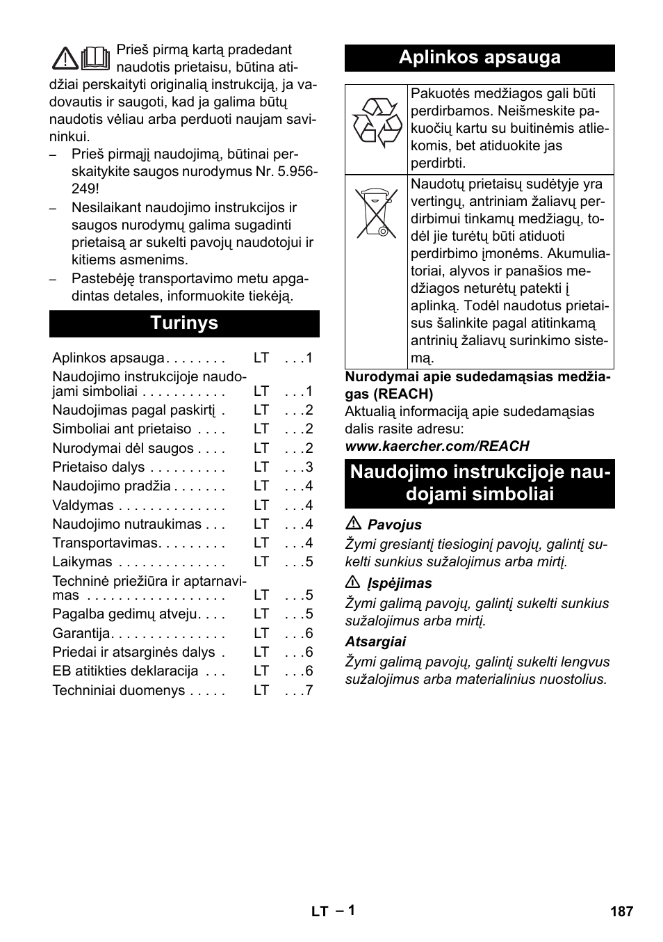 Lietuviškai, Turinys, Aplinkos apsauga | Naudojimo instrukcijoje naudojami simboliai, Naudojimo instrukcijoje nau- dojami simboliai | Karcher IVL 120-27-1 User Manual | Page 187 / 204